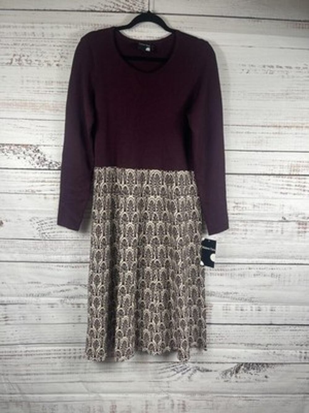 Maison Tara Dress Womens XL Purple Jacquard Fit Flare Midi Long Sleeve Geometric